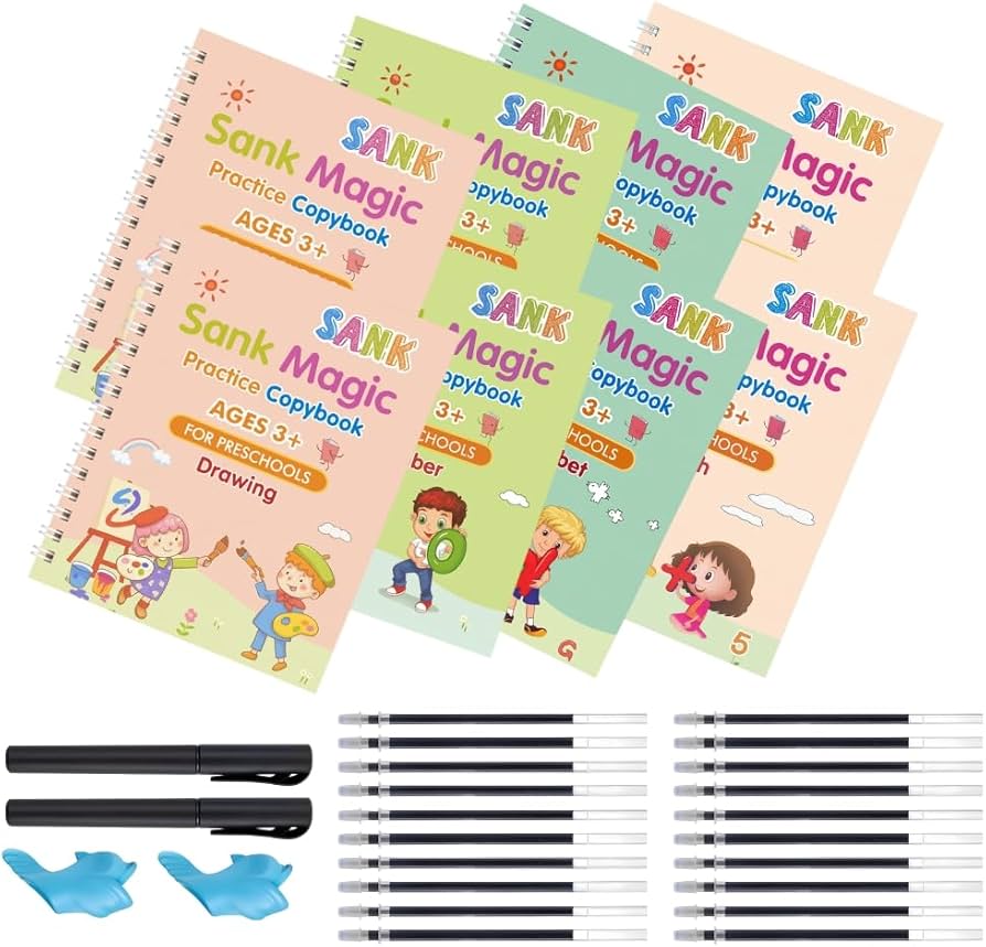 Magic Practice Copybook, (4 BOOK + 10 REFILL+ 1 Pen +1 Grip) Number Tracing Book for Preschoolers with Pen, Magic Calligraphy Copybook Set