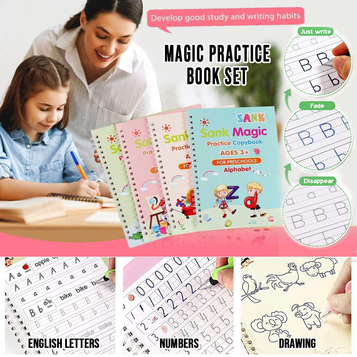 Magic Practice Copybook, (4 BOOK + 10 REFILL+ 1 Pen +1 Grip) Number Tracing Book for Preschoolers with Pen, Magic Calligraphy Copybook Set