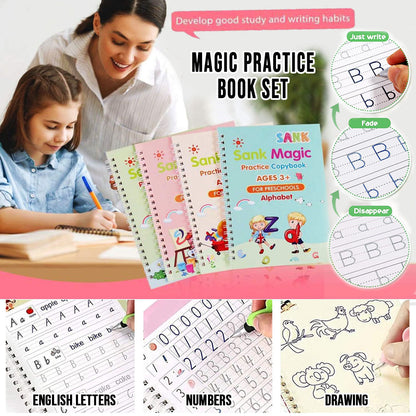 Magic Practice Copybook, (4 BOOK + 10 REFILL+ 1 Pen +1 Grip) Number Tracing Book for Preschoolers with Pen, Magic Calligraphy Copybook Set